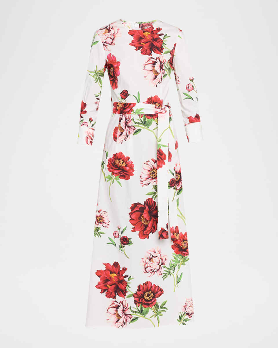 Peony-Print Poplin 3/4-Sleeve Midi Day Dress